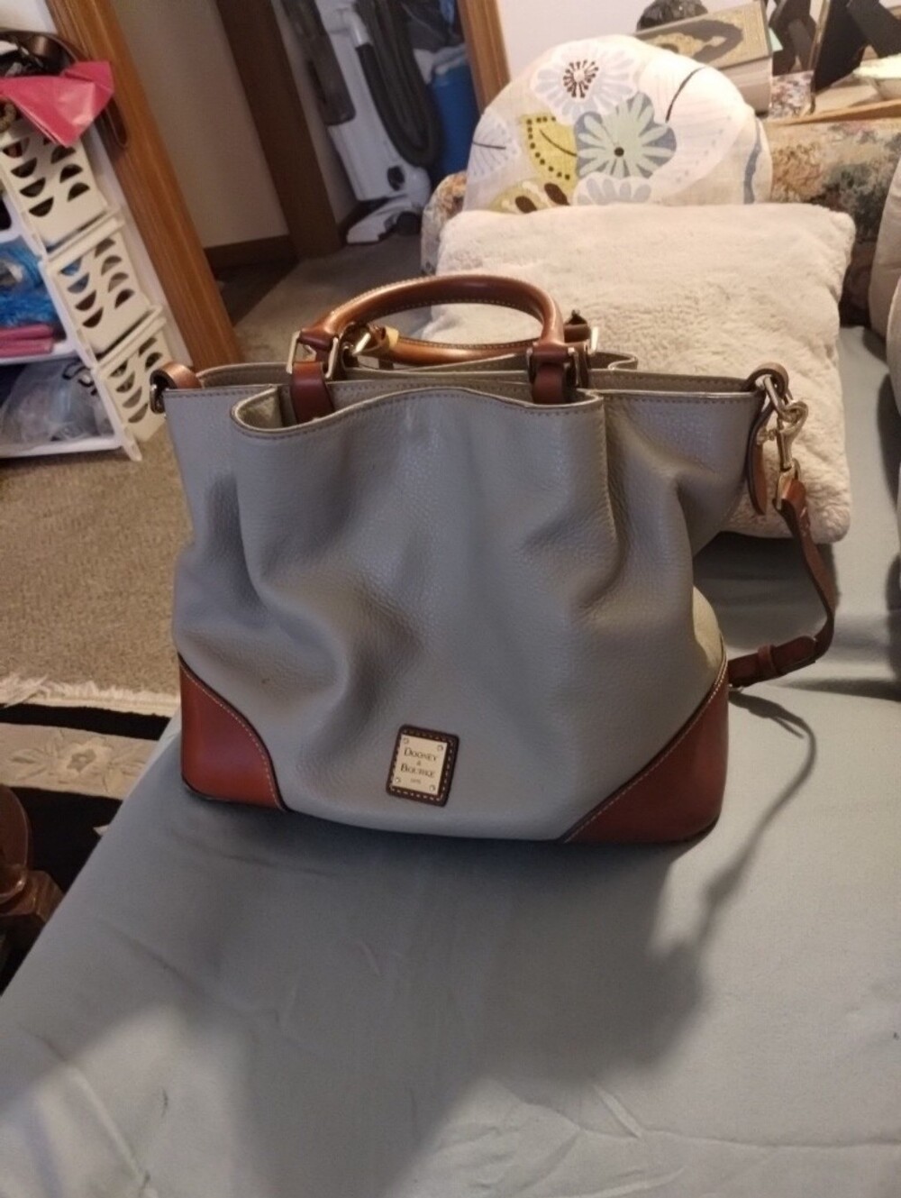 Dooney & Bourke Brenna Elephant Grey/Brn  Pebbled Leather Satchel Sz 10 By 12